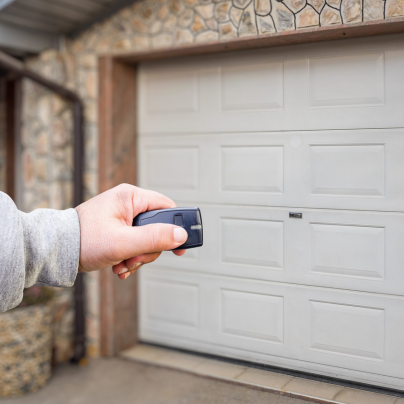 Florence security key fob pointing to a garage door